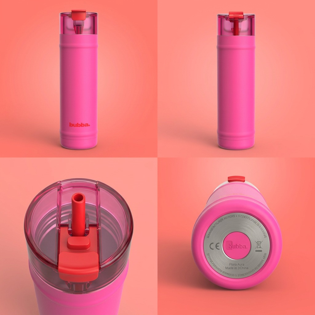 A four-panel grid showing different views of the Bubba DualSip water bottle in pink.