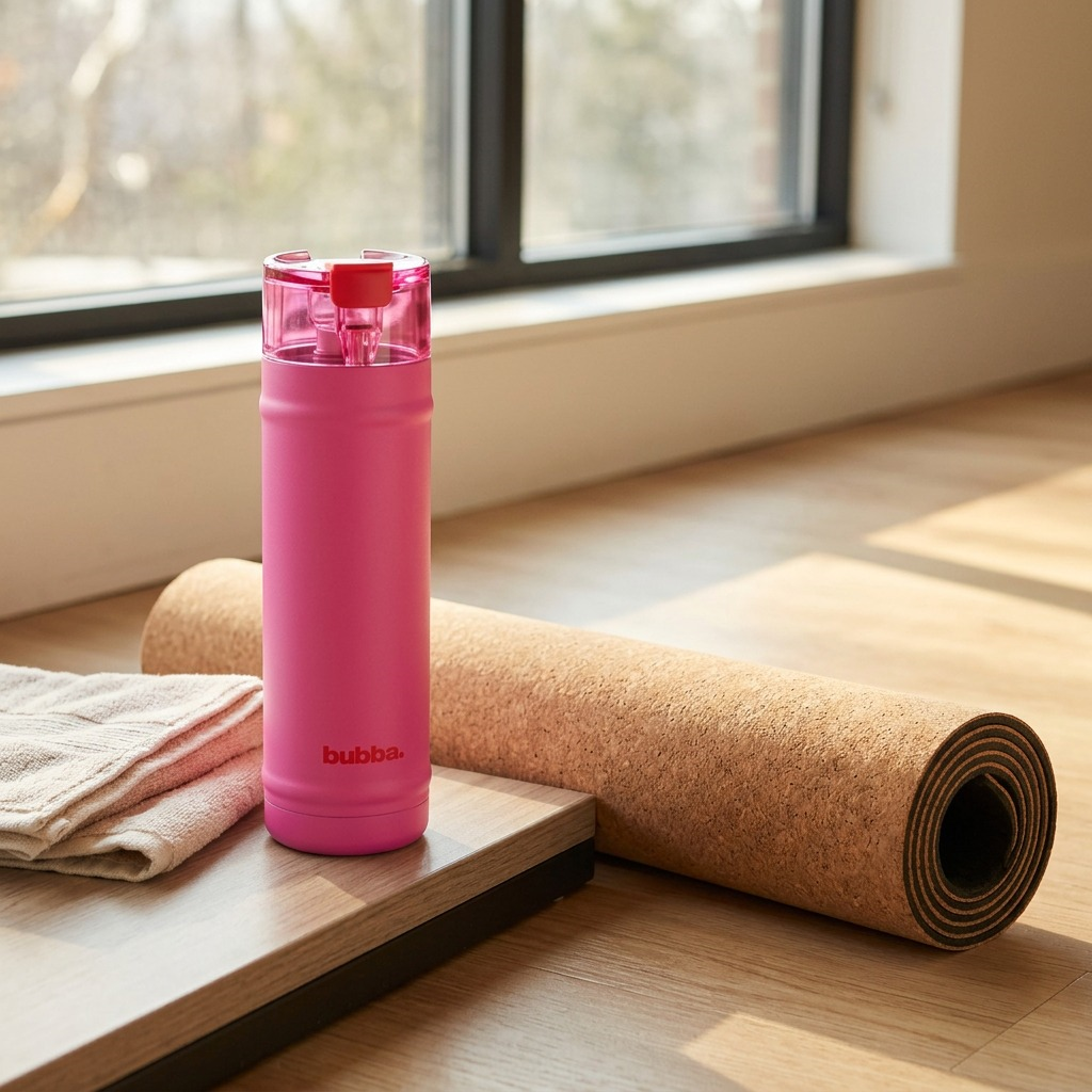 bubba Flora Aura stainless steel water bottle in a yoga studio context next to a cork mat