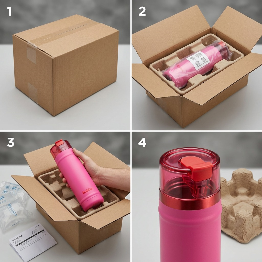A series of panels showing the Flora Aura Bubba DualSip bottle safely unboxed and protected in transit.