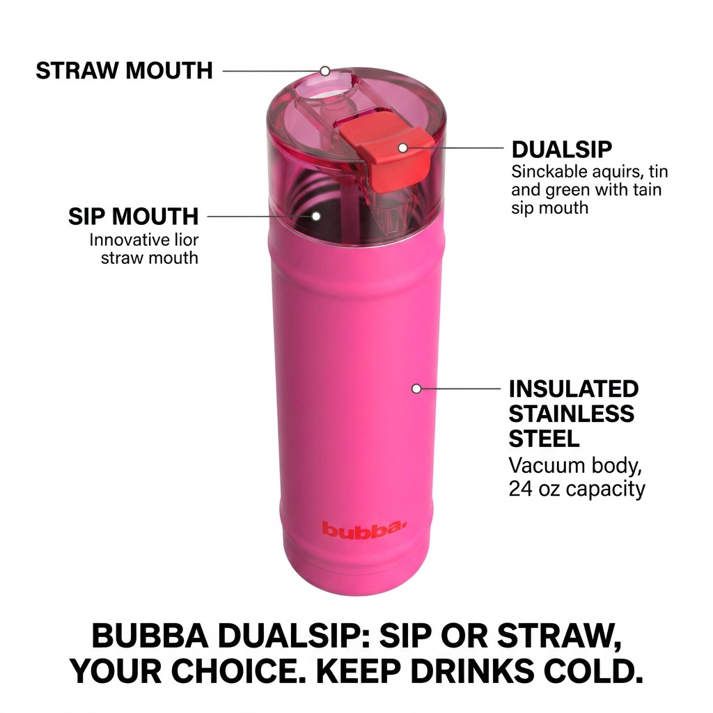 A bubba 2231368 DualSip bottle graphic highlighting its specific straw mouth, sip mouth, and DualSip lid features.