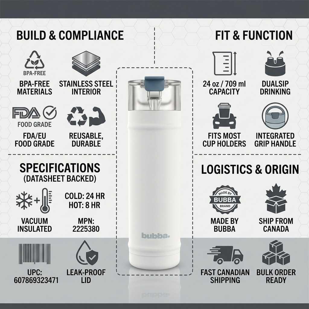 Infographic detailing bubba bottle specs, compliance, logistics, and dualsip features with visual trust cues.