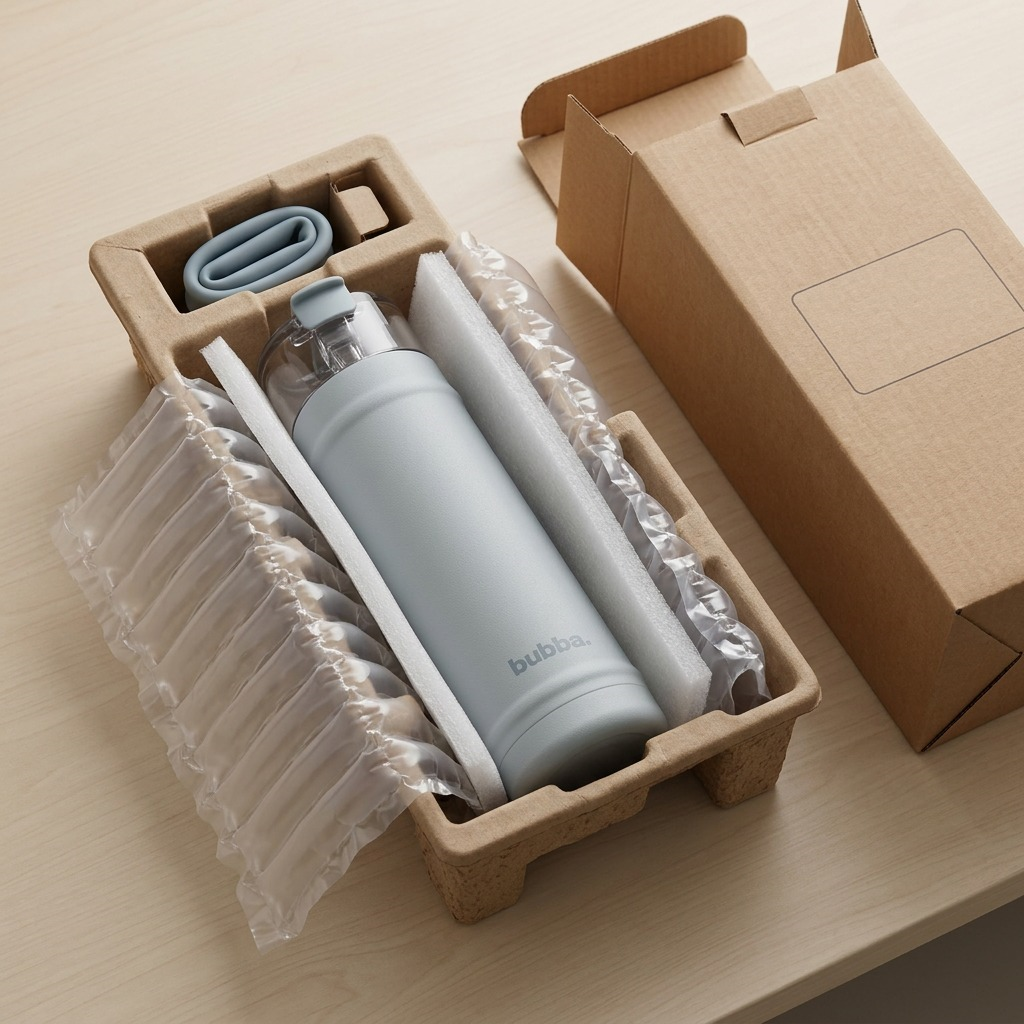 A premium unboxing view, with the Bubba DualSip bottle safely packed in protective cardboard and wrap, emphasizing damage-free delivery.