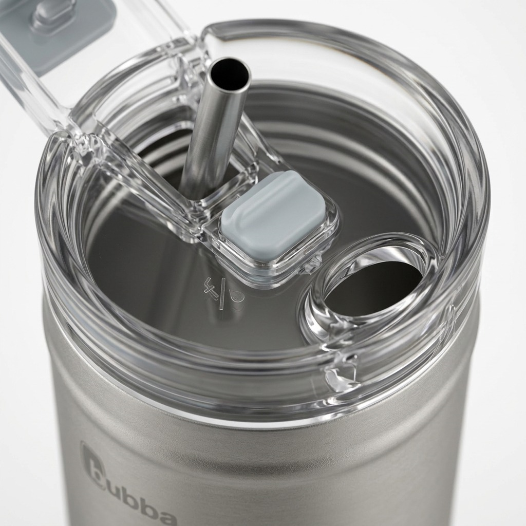 Close-up of the DualSip mechanism, showing clear and stainless components with a silicone gasket.