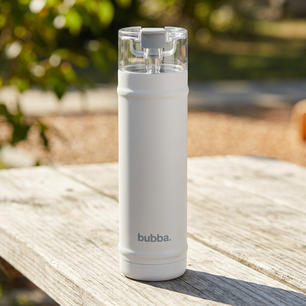 A close-up photograph of the 24oz Bubba water bottle resting on a rustic wooden picnic table in natural sunlight.