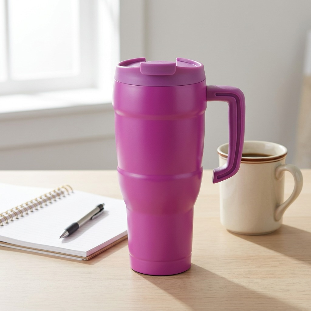 A magenta travel mug sits next to an open notebook and a classic ceramic coffee cup on a natural wood desk, showing its exact 24-ounce size comparison.