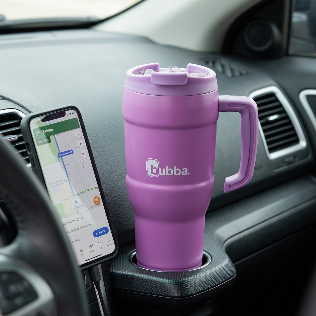 A purple bubba mug with a handle is resting on a car dashboard, near a GPS mount, suggesting a road trip.