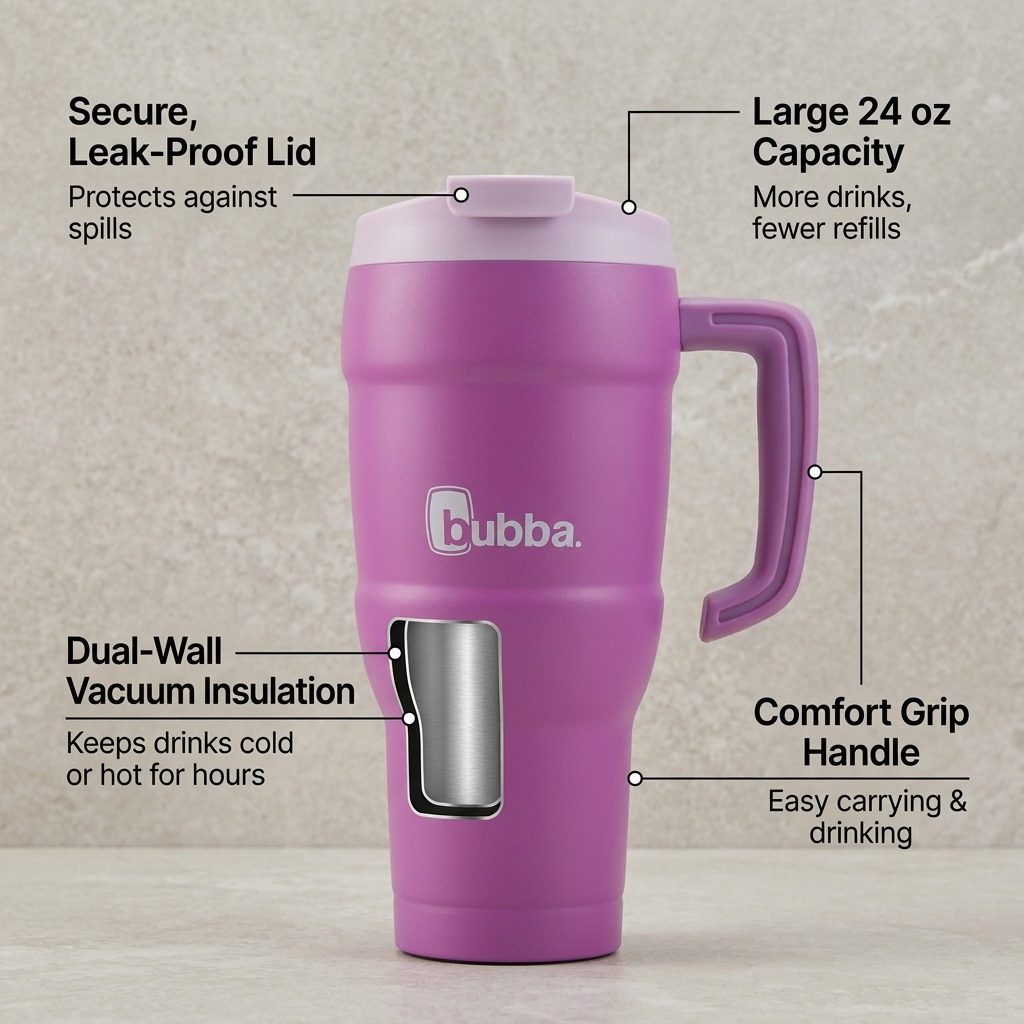 bubba tokyo mug visual guide highlighting capacity, insulation, handle, and leak-proof lid features.
