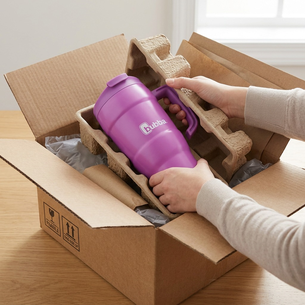 Unboxing shot: Bubba Hero XL Tumbler securely held in protective recycled shipping materials.
