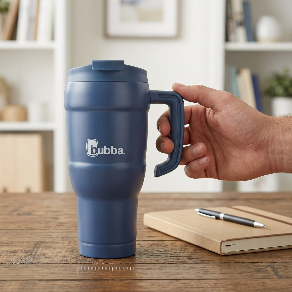 Scale reference: blue bubba Hero XL Tumbler beside a hand and notebook.