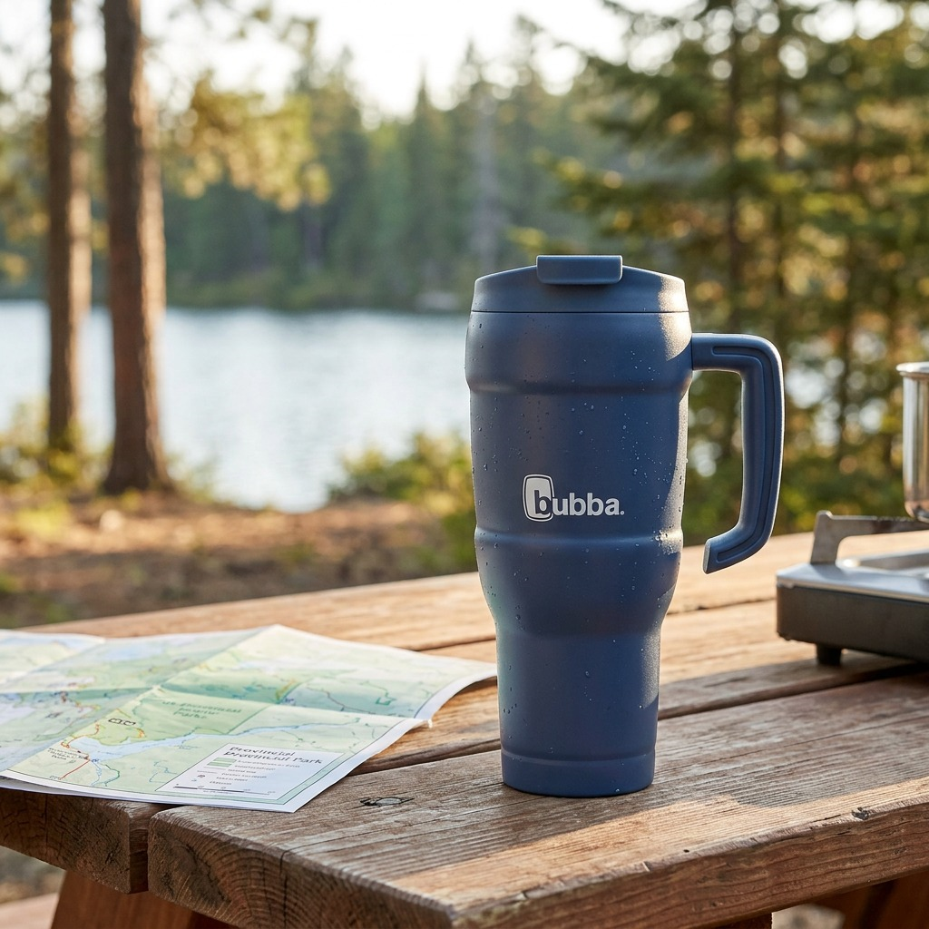 Lifestyle photo of the bubba XL 24oz Indigo tumbler on a picnic table at a campsite.