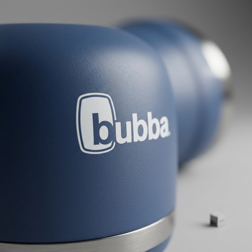 Macro photo detailing the powder-coated finish and white logo print of an Indigo-colored Bubba tumbler.