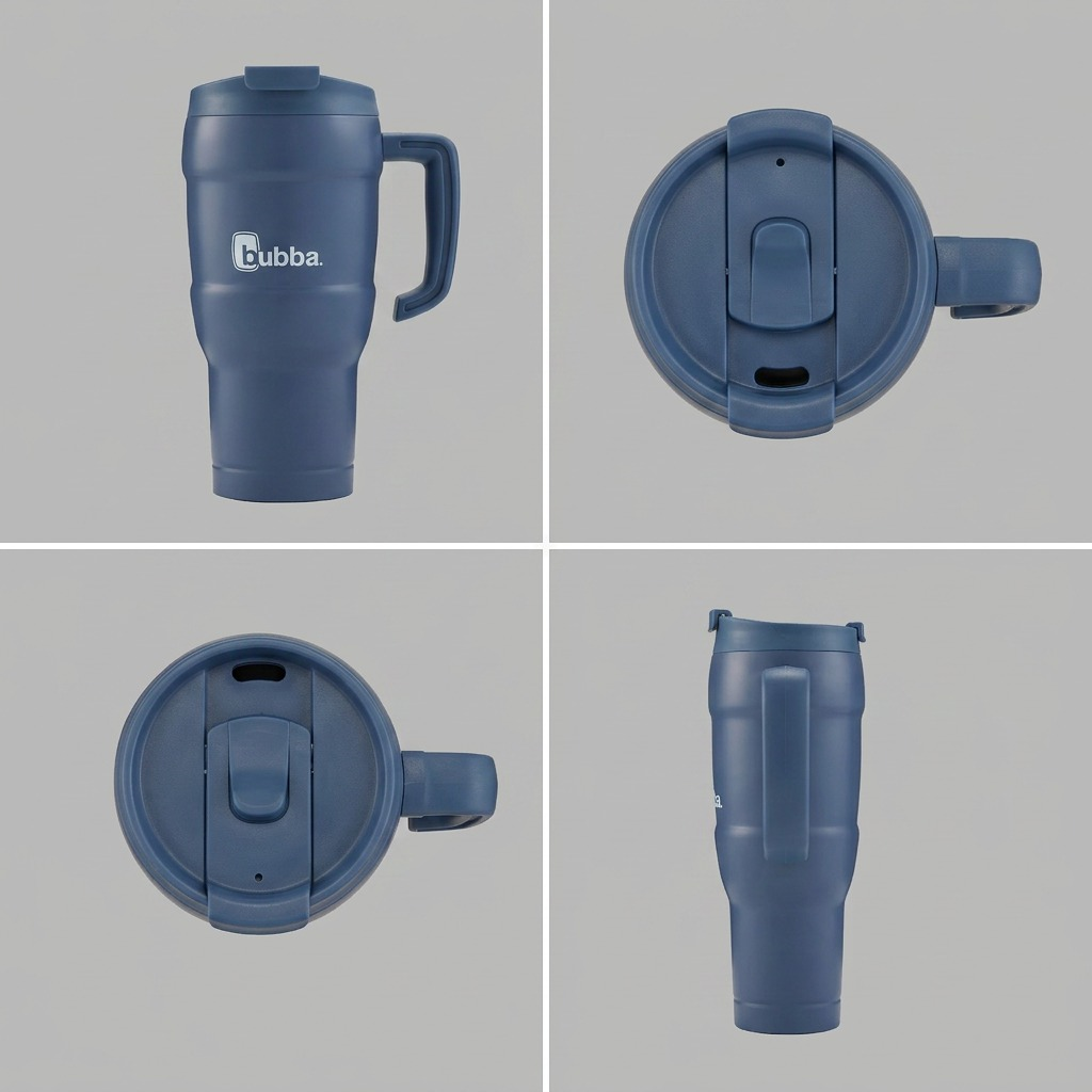 A product matrix featuring the Indigo bubba. tumbler's main view, plus variants in alternative orientations like a top view of the lid and a profile side-handle view.