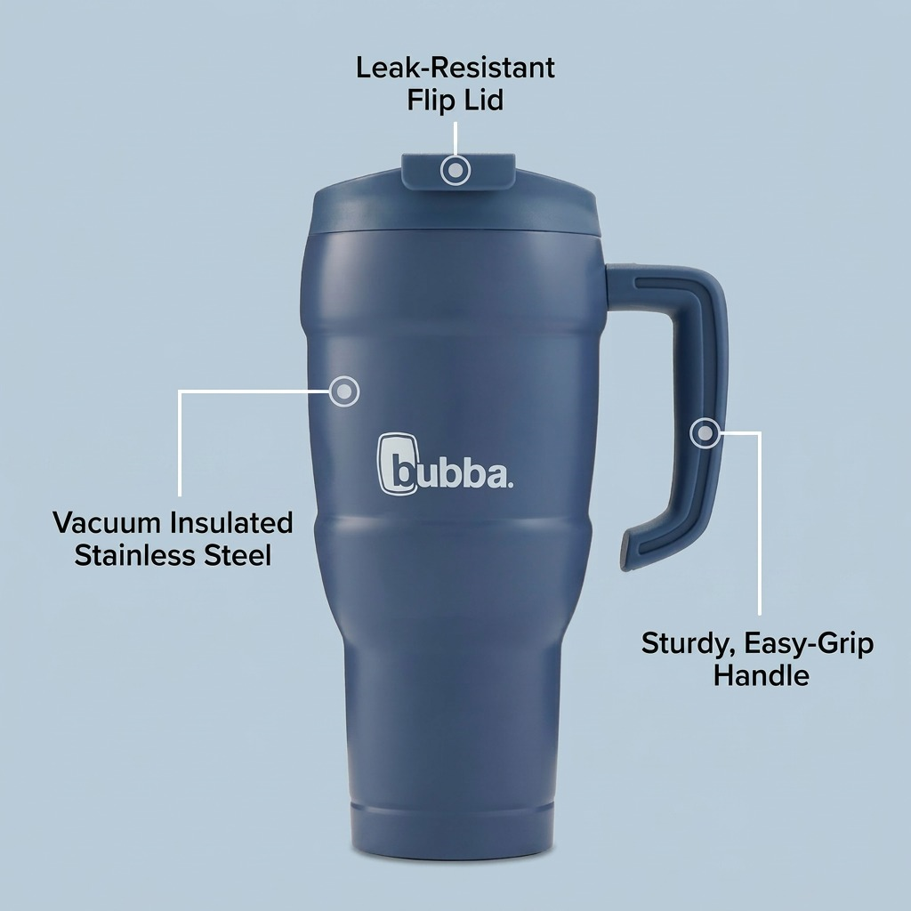 A functional product infographic of the blue Bubba tumbler, highlighting its key features with specific callouts.