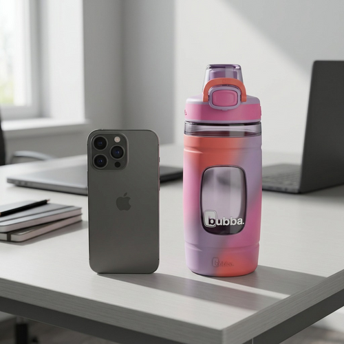 Scale visualization: Bubba Flo 16 oz water bottle next to a standard smartphone on a desk.