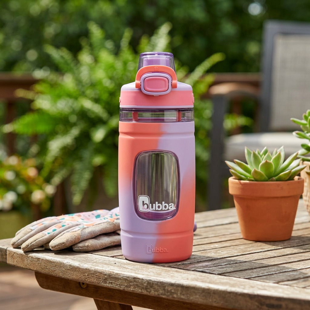 A candid, sunny outdoor photo on a deck features the 16 oz Bubba sport bottle with its detailed coral and purple lid resting on a warm wooden table next to garden plants.