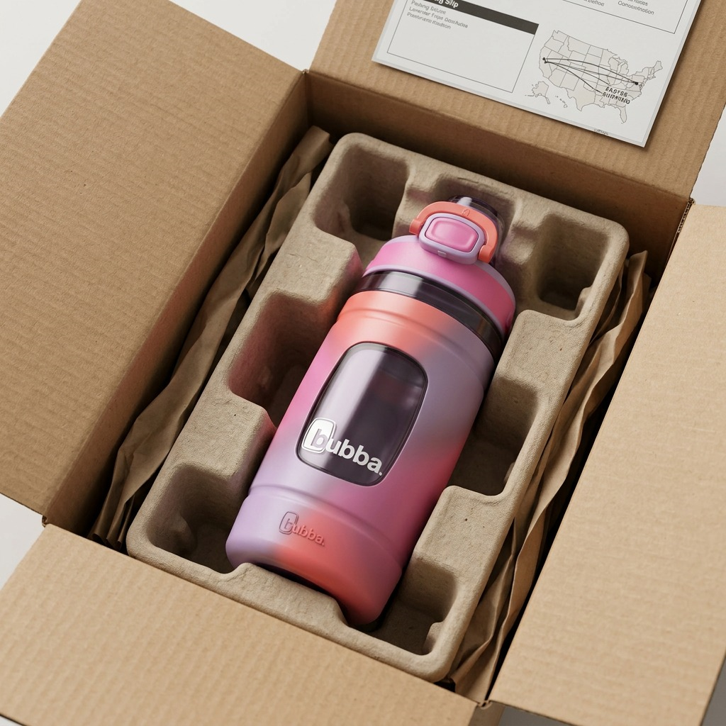 A photo-illustration of a bubba 16oz Flo bottle, in vibrant pinks and purples, securely packed for delivery. The bottle rests inside custom, molded pulp packaging within a plain corrugated box. Sustainable protective paper-puff is visible around it. The lid and body are perfectly intact.<ctrl46>