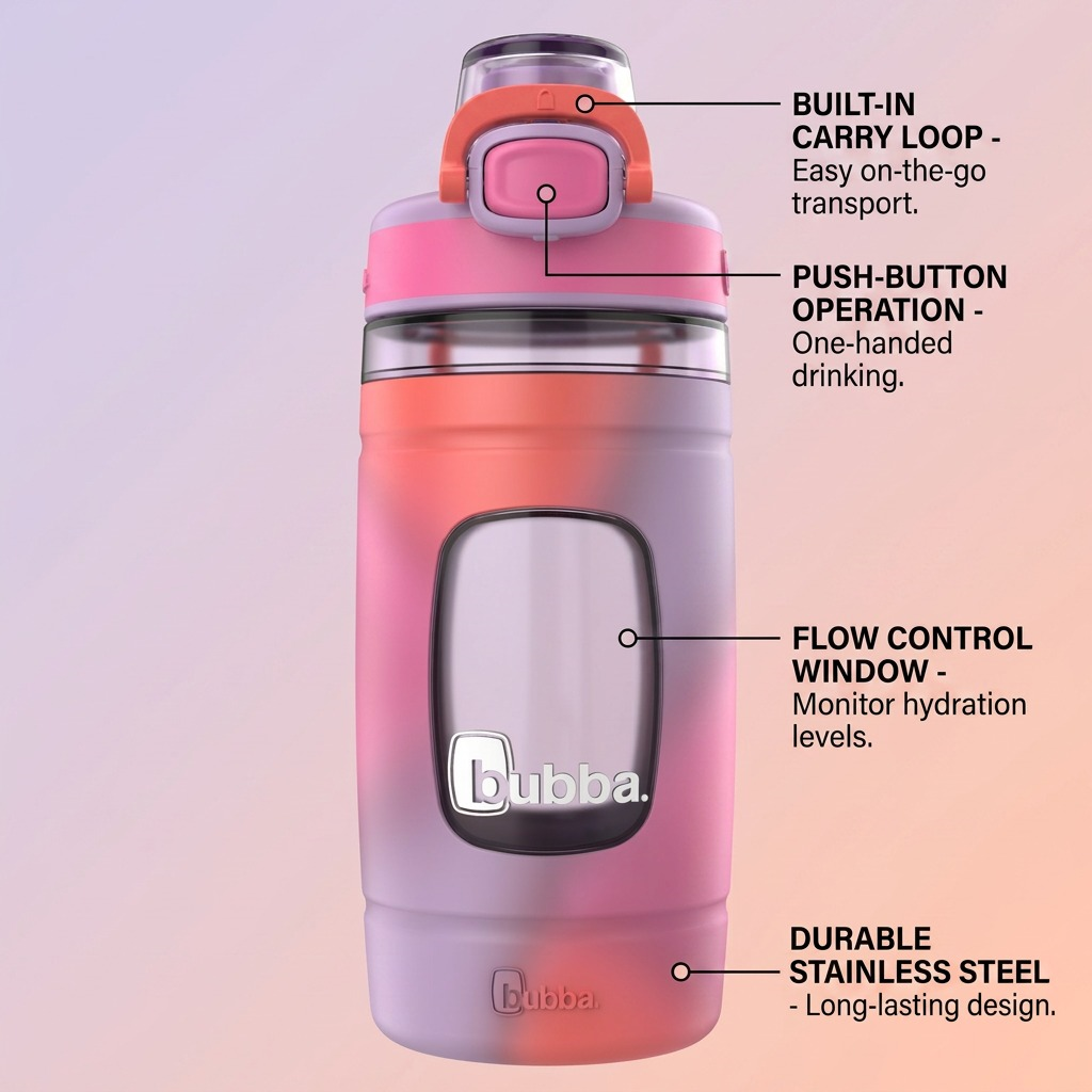 bubba Flo multi-color water bottle with four callout lines pointing to features: carry loop, push button, window, and steel body.
