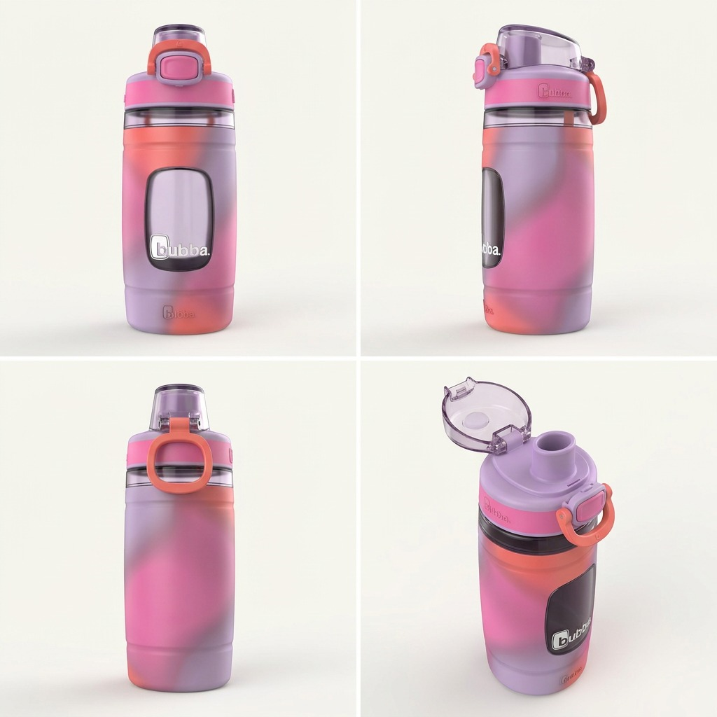 A grid displaying the bubba 16 oz Flo water bottle in multi-color, alongside clear, teal, and gray solid color variants.