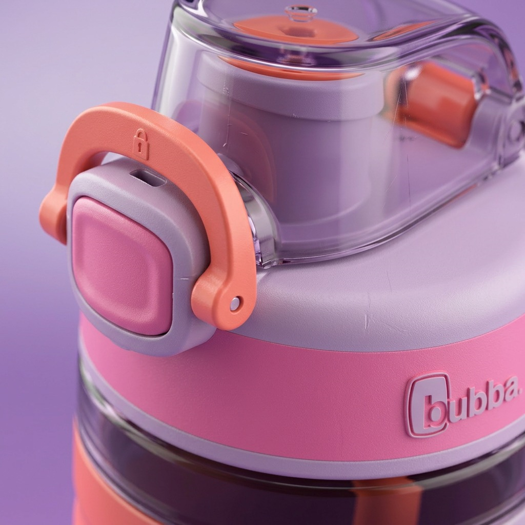 A macro photo shows the textured locking latch, color-coded details, and "bubba." logo on the water bottle's cap, highlighting its material differences.