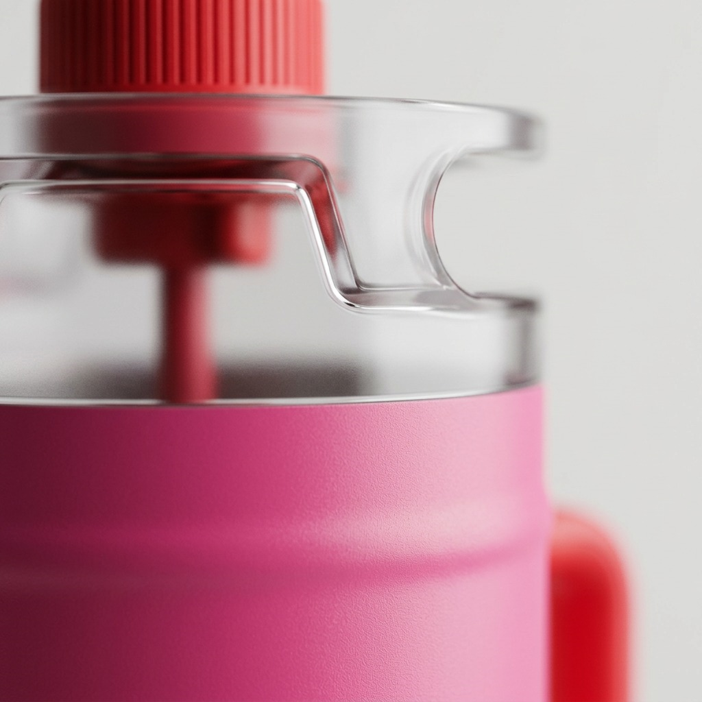 A detailed macro view showcasing the seam where a pink metal bottle meets its translucent lid.