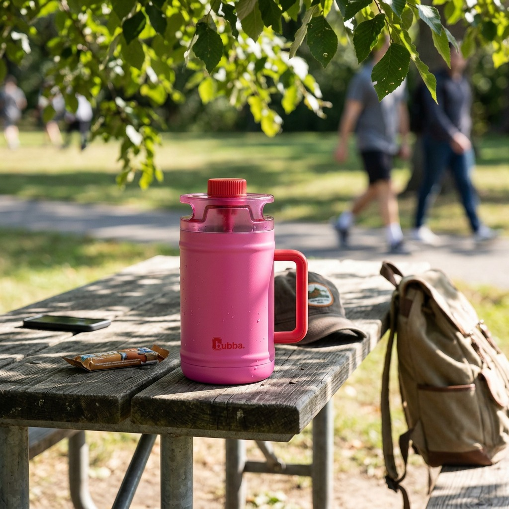 A lifestyle photo showing the bubba 52oz Insulated Water Keg on a patio table with ice and a phone.