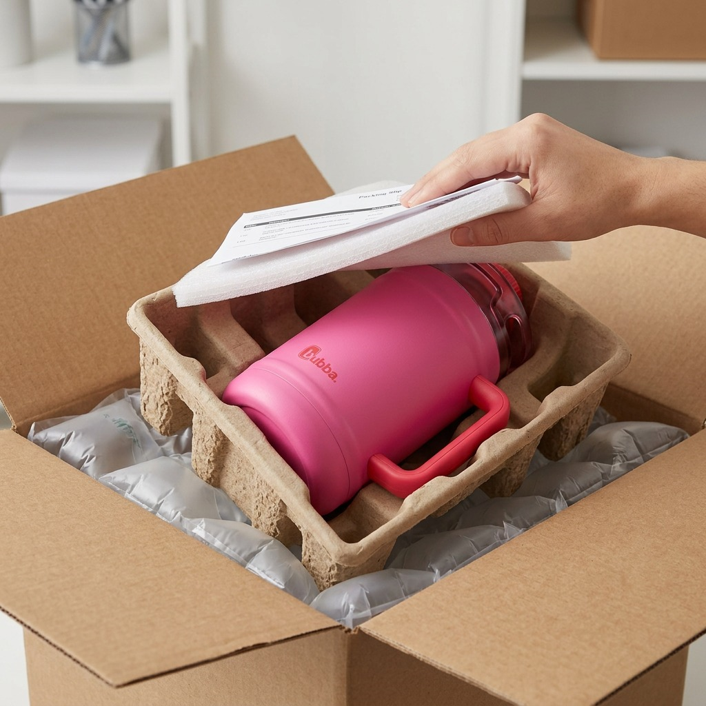 A unboxing scene showing wide protective packaging for the pink bubba water bottle in a box.