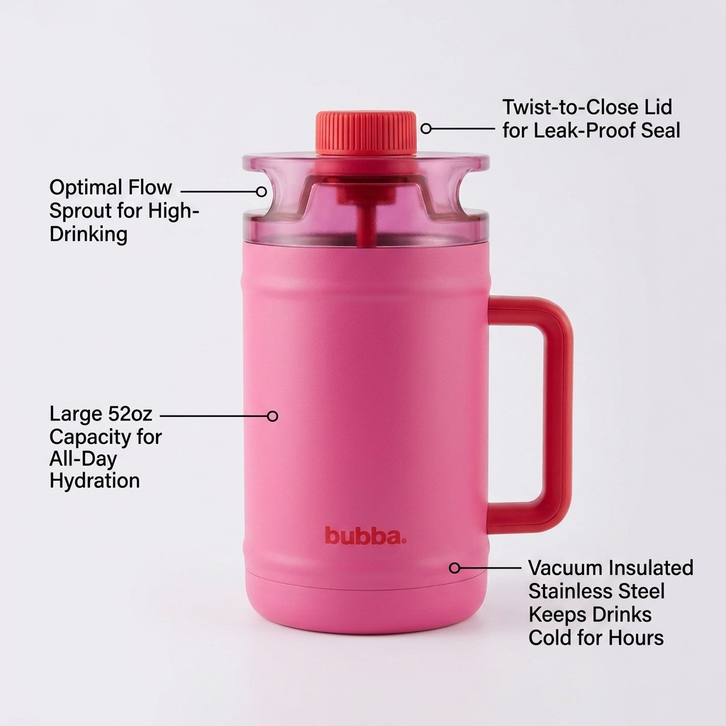 A detailed callout graphic of the Bubba 52oz Insulated Stainless Steel Water Keg in Flora Aura pink. Clean pointer lines highlight key features: the red twist-to-close cap for a leak-proof seal, the ergonomic pink handle, and the vacuum insulated stainless steel body. The transparent pink spout and carry handle are also shown. The logo is clearly visible, with factual benefit descriptions next to each component against a neutral gradient background.