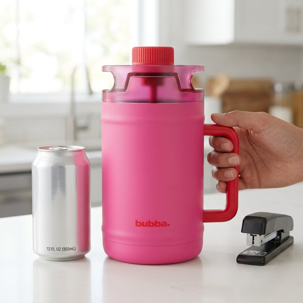A 52 oz bubba Water Keg next to household items for scale.