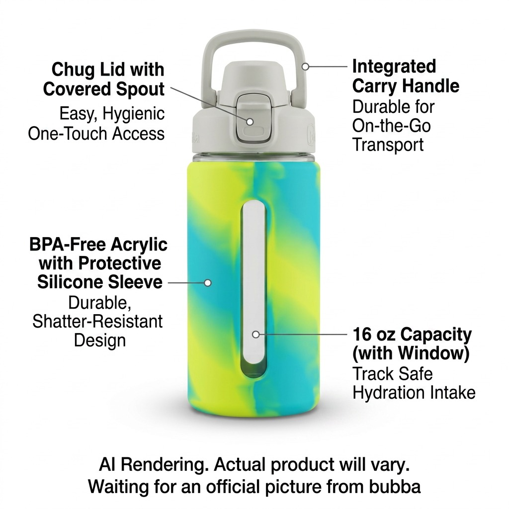 Bubba 16 oz Flo water bottle with easy chug lid, handle, and protective silicone sleeve with window.