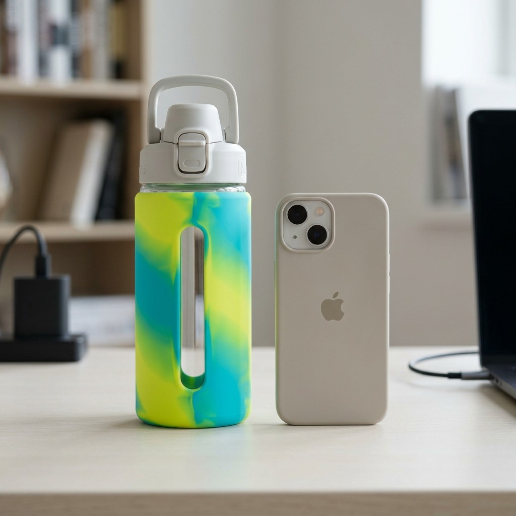 A 16 oz bubba Flo bottle with tie-dye sleeve sits next to a smartphone on a blurred beach mat.