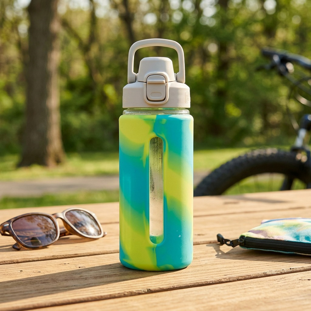 bubba 16 oz Flo water bottle in use on a wooden table with park landscape in the background.