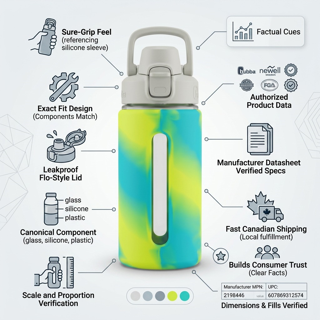 A trust infographic featuring the Bubba Flo water bottle alongside text and icons highlighting its specifications and shipping.
