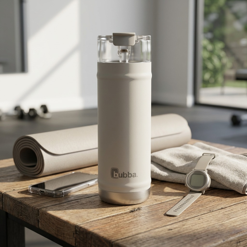 A lifestyle photo shows the bubba DualSip 32 oz water bottle on an outdoor cafe table, next to a smartphone and car keys, under soft daylight.
