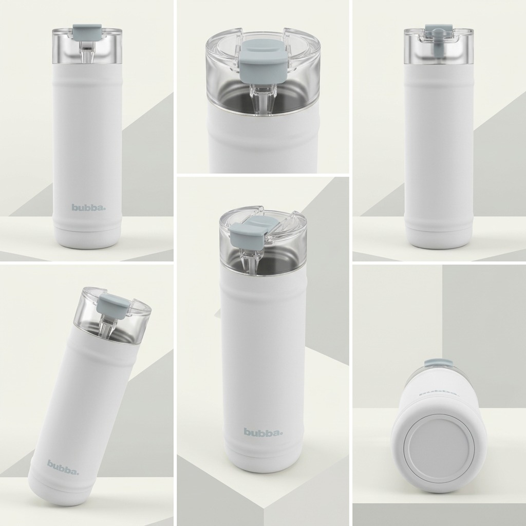 A matrix image displaying the bubba bottle at multiple angles, highlighting its dual-function lid.
