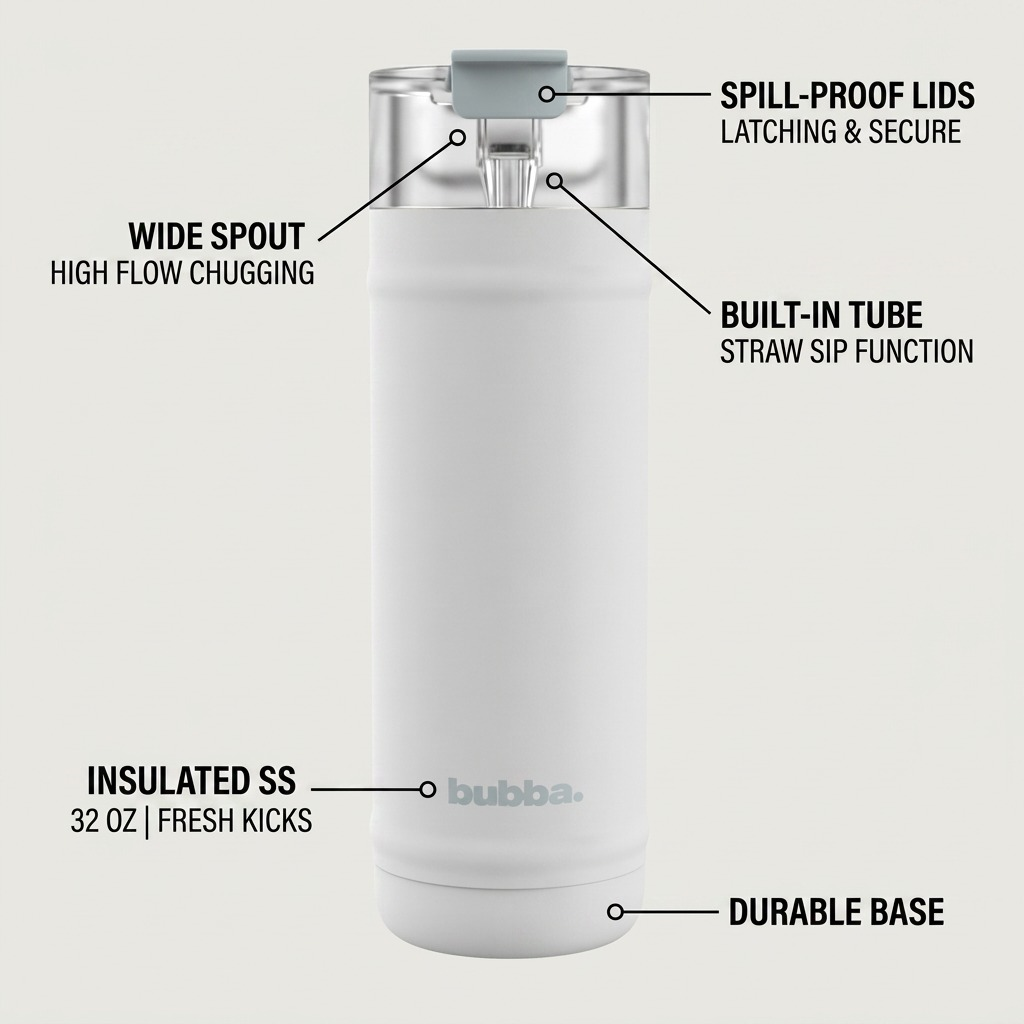 bubba DualSip 32oz 'Fresh Kicks' bottle operational callout infographic