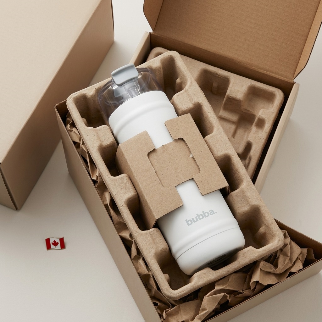 A premium unboxing view of the white Bubba DualSip bottle protected by molded pulp.