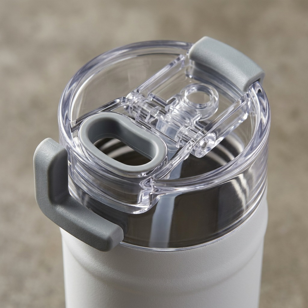 Macro detail shot of the grey rubber-trimmed sip opening and internal straw connection point on clear Tritan lid.
