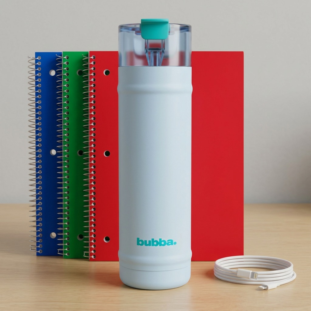 A scale reference image shows the 24oz Bubba water bottle next to everyday objects on a kitchen counter.