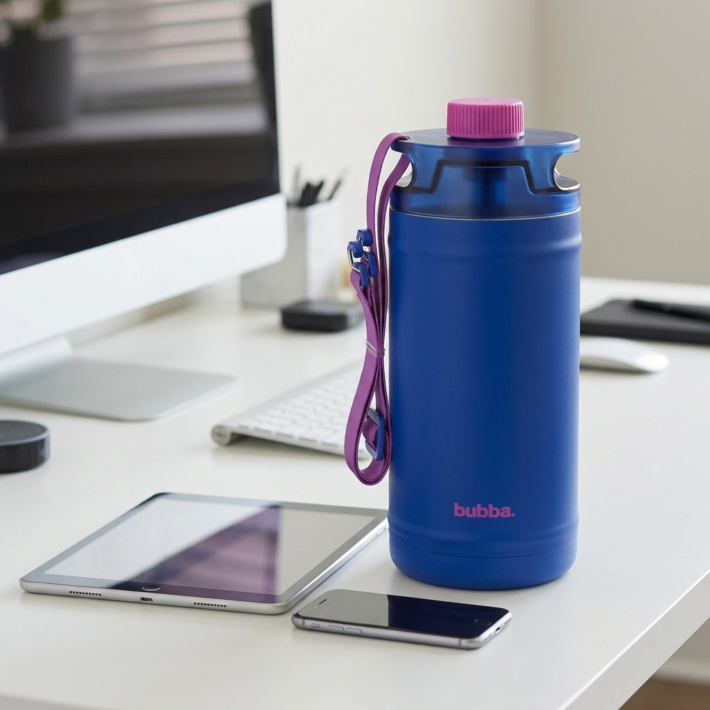 The bubba Ocean Energy 64 oz jug stands next to a standard tablet, showing its large capacity in a scaled product image.
