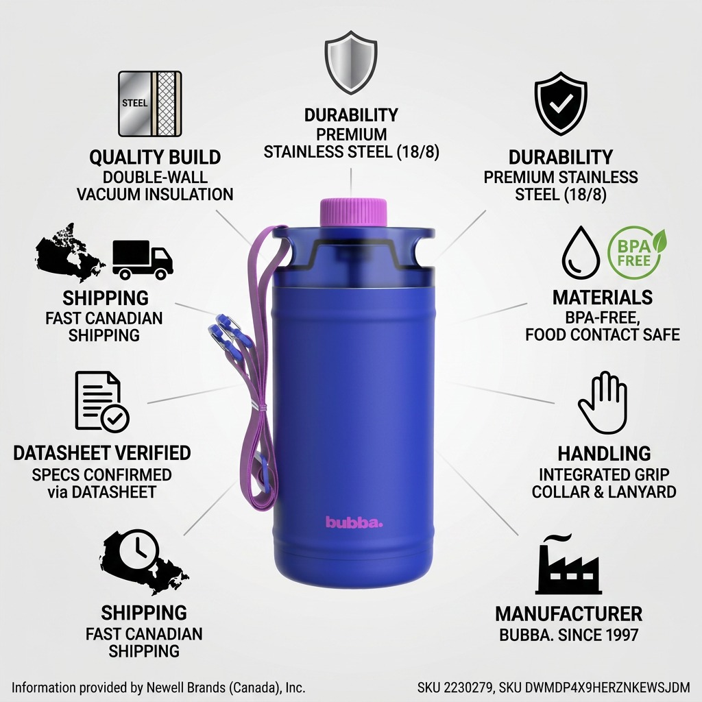 A product confidence infographic for the Bubba Ocean Energy 64 oz Jug, featuring facts about the stainless steel build, BPA-free materials, and included purple strap.