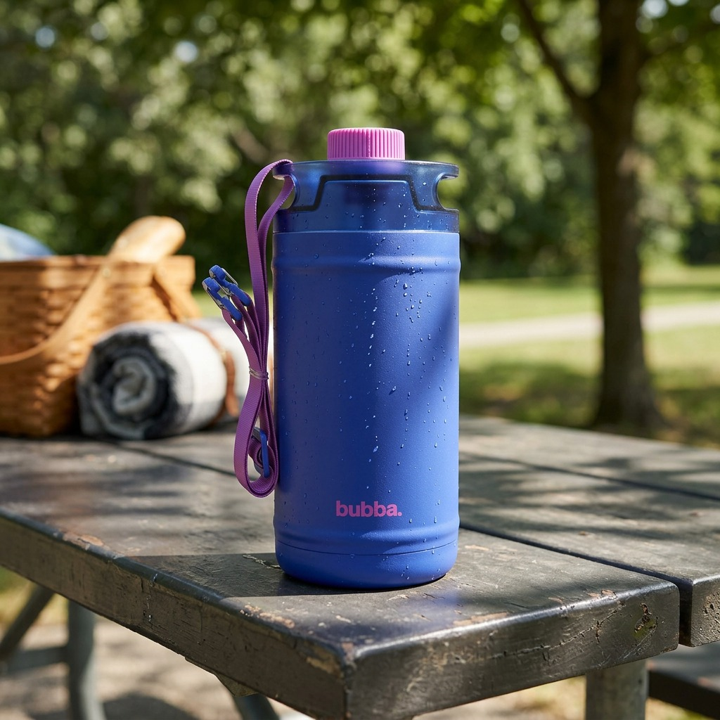 A detailed lifestyle photograph showing the 64oz bubba insulated water jug resting on a picnic table, with a hand holding the strap.