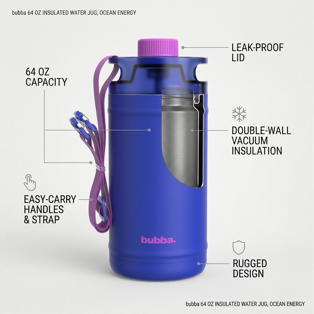 An e-commerce matrix image showcasing the bubba insulated water jug features: 64 OZ CAPACITY, EASY-CARRY STRAP, and INSULATED DESIGN.