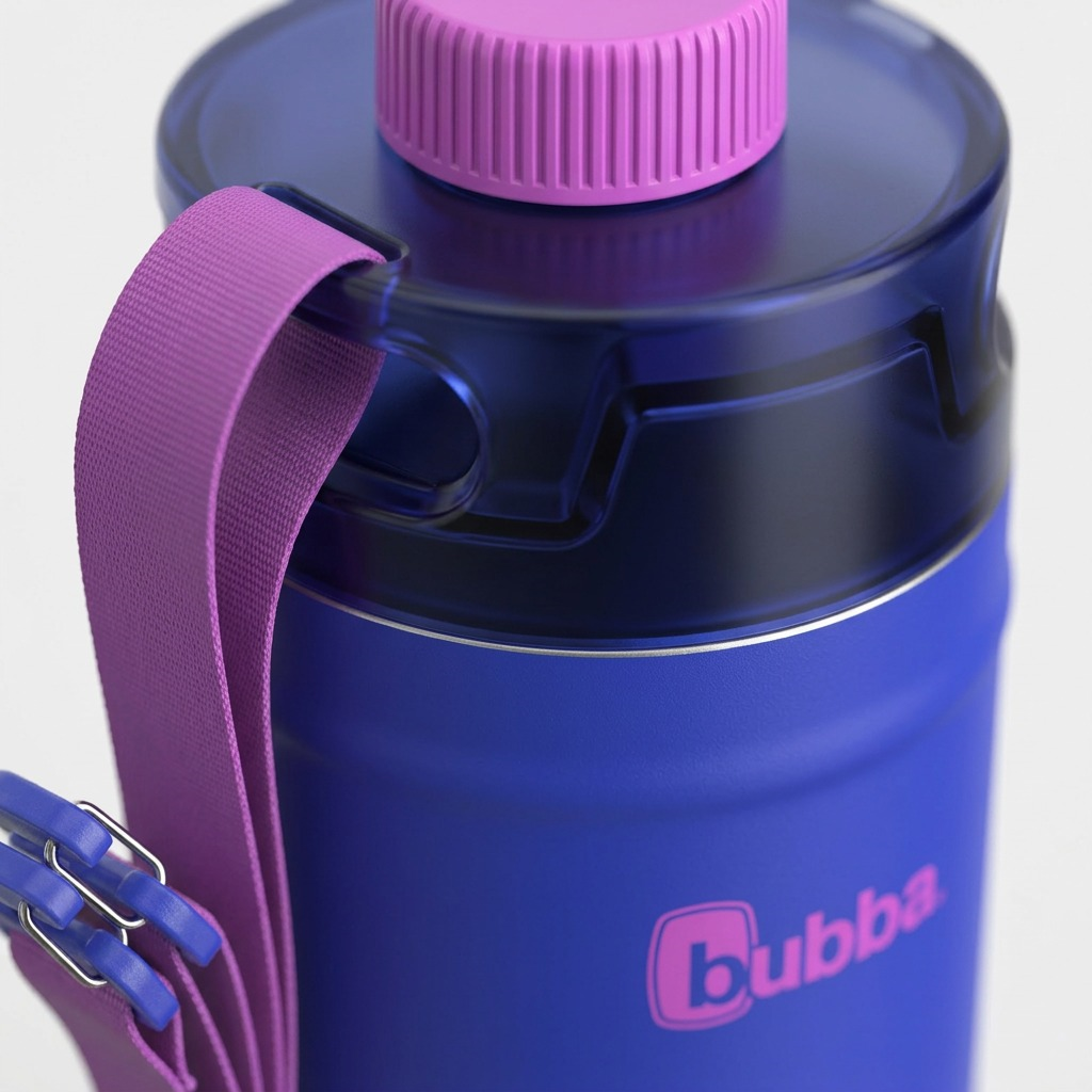 Extreme macro photo showing the detailed fit, textured cap, and laser-engraved "bubba" logo on the insulated bottle.