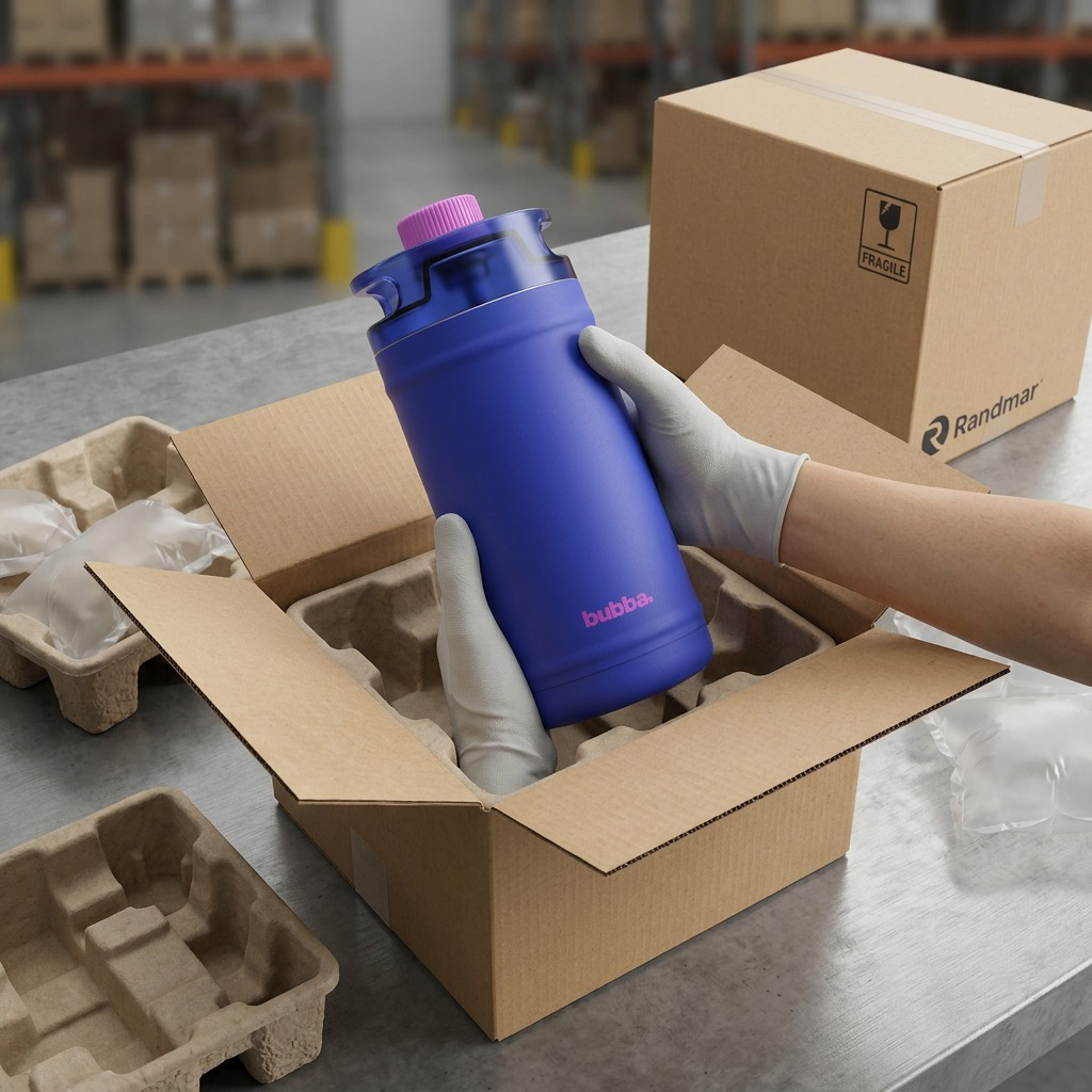 Unboxing the Bubba 64oz water jug: safely nestled in custom protective cardboard, ready for hydration.