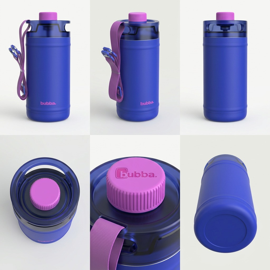 A multi-angle product matrix showing the blue and pink bubba insulated water jug from six different viewpoints.