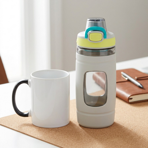 A realistic comparison photo of the Bubba water bottle next to a standard ceramic coffee mug on a desk.