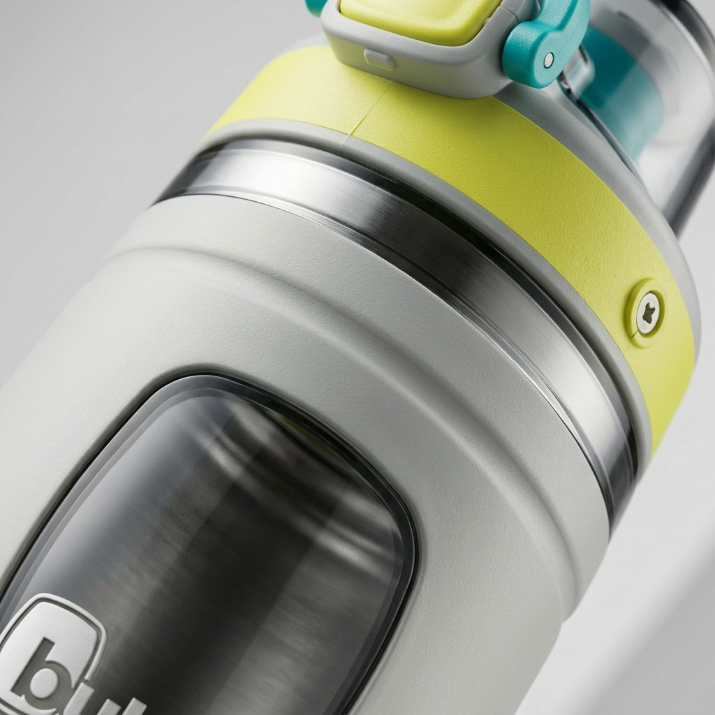A macro photo of the textured silicone sleeve, debossed bubba logo, and the clear window of the water bottle.