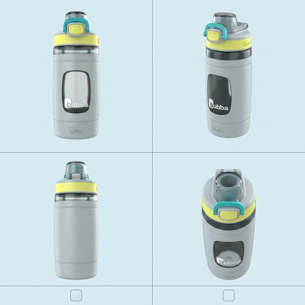 An image of four Bubba 16oz Flo Tritan Water Bottles in varying colors and angles, arranged in a grid.