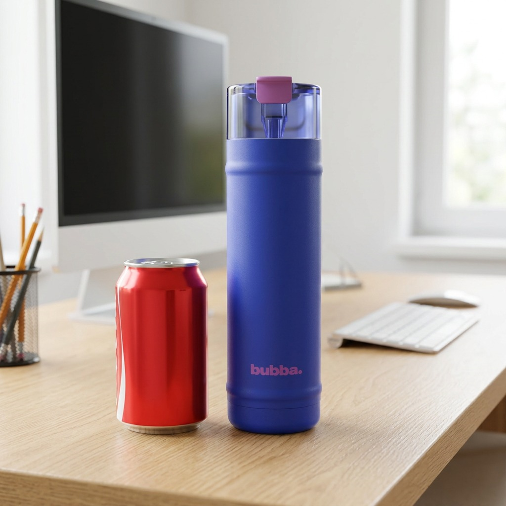 A photo-realistic scale comparison image, placing the 24 oz bubba DualSip Ocean Energy insulated bottle next to a standard 12 fl oz (355ml) classic soda can on a clean desk, to reference its actual size for a customer.