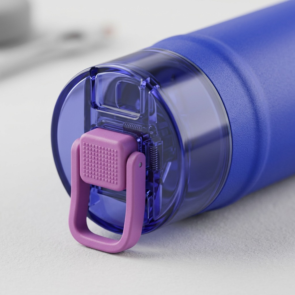 A macro photograph detail of the Bubba DualSip bottle's lid, showing the texture of the textured push-button, clear drinking spout, and integrated pink carry loop.